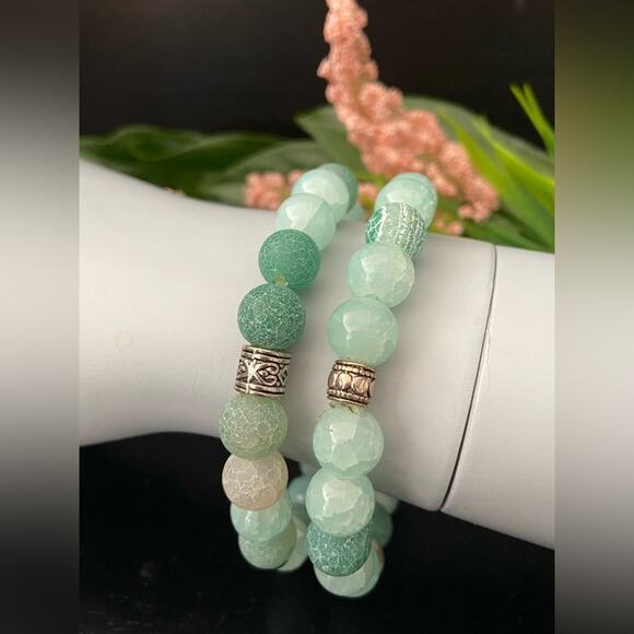 ALL THINGS BEAUTIFUL: Aqua Green Agate Crackle Bead Bracelet Set sz OS (NWOT) - Picture 6 of 7